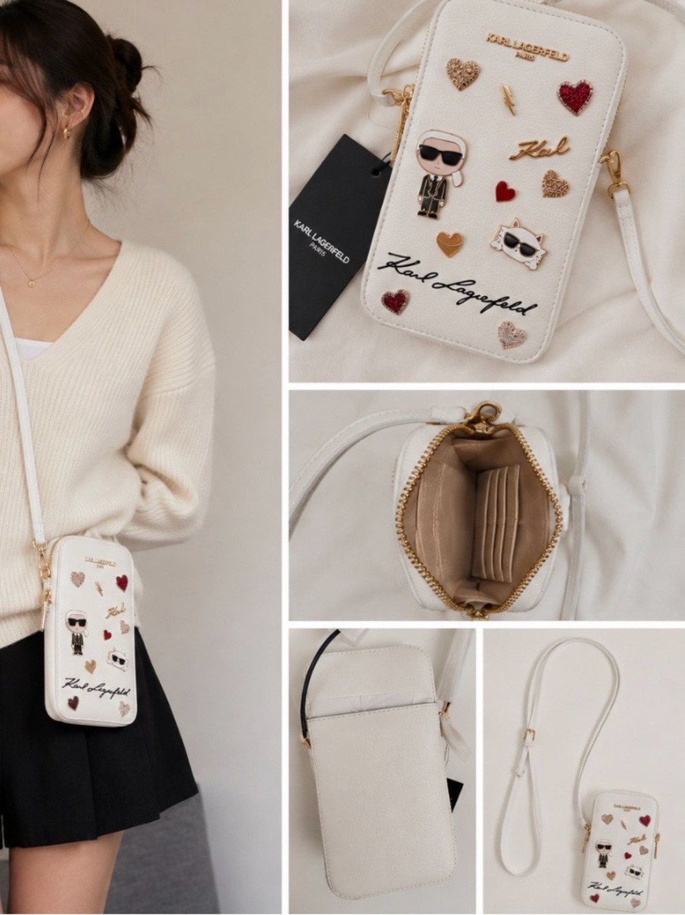 Karl Lagerfeld White Mini Crossbody Phone Bag Character Pins